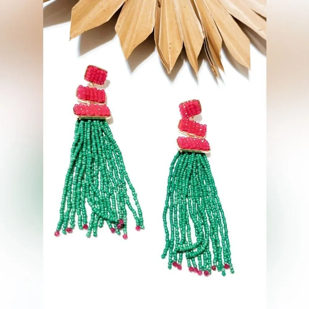 Beaded tassel drop earrings #669
